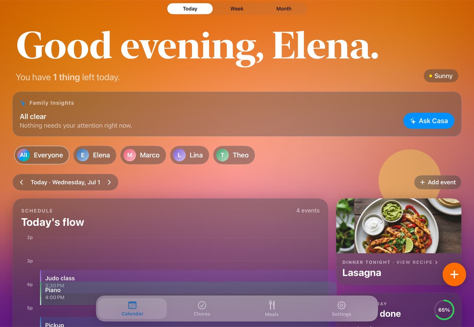 HomeHQ dashboard on a kitchen iPad in the evening — dinner decided and the day’s chores checked off