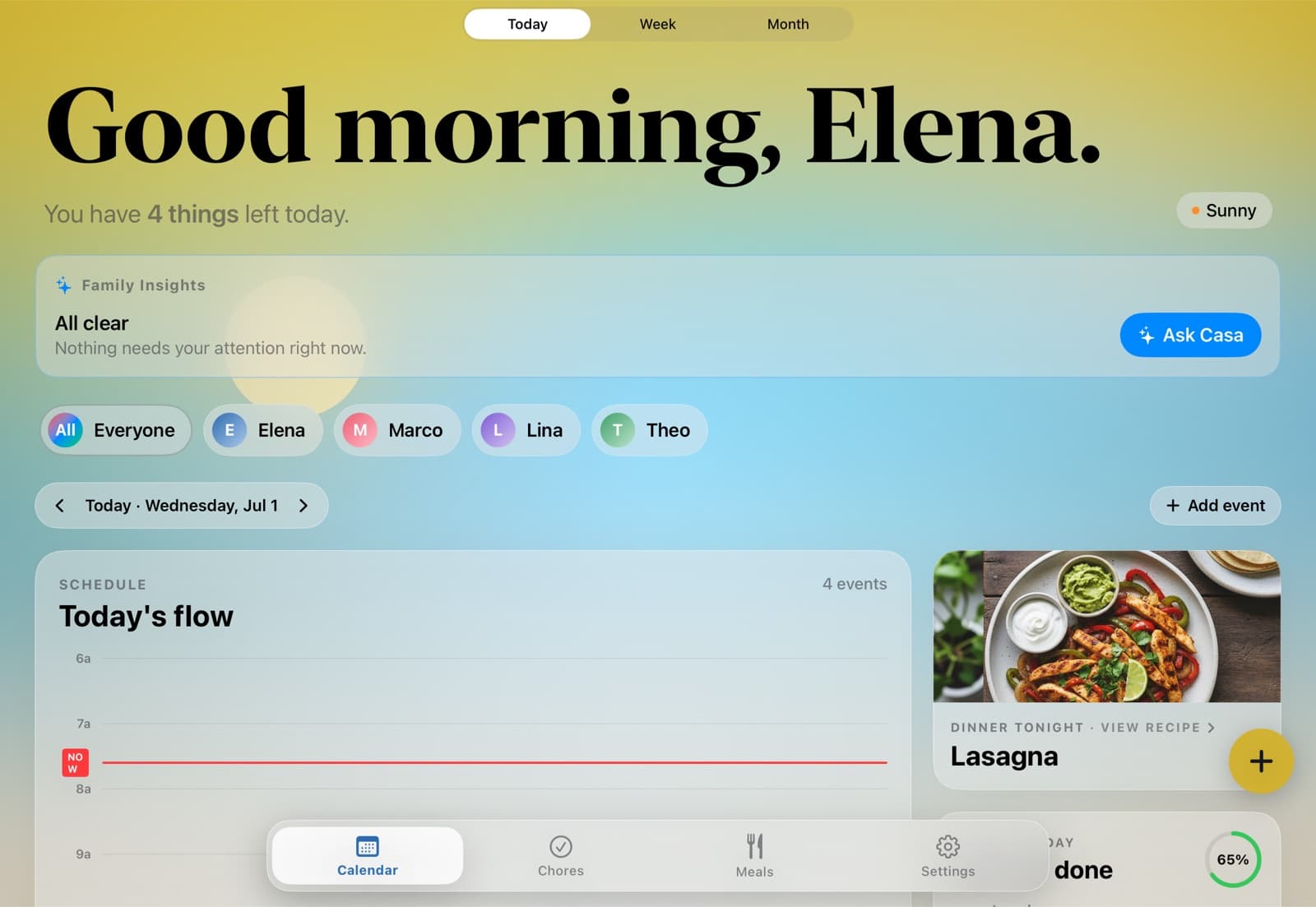 HomeHQ on the kitchen iPad — today’s schedule, chores, and tonight’s dinner