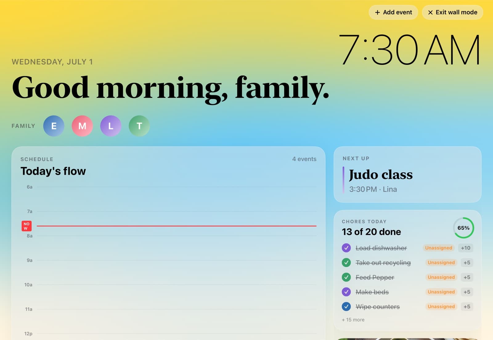 HomeHQ running as an always-on family calendar display on a wall-mounted iPad