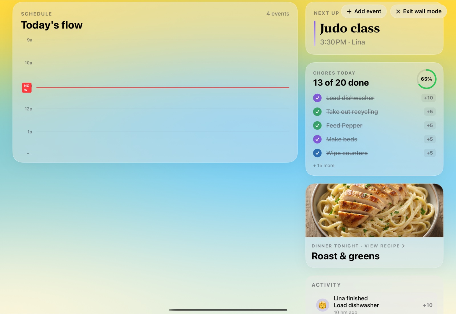 HomeHQ on a kitchen iPad — today's schedule, chores, and tonight's dinner